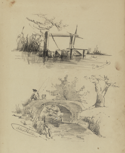 809969 Boven: gezicht op een sluisje in Bunnik.Onder: gezicht op een stenen boogbrug over een watertje in Abstede te Utrecht.